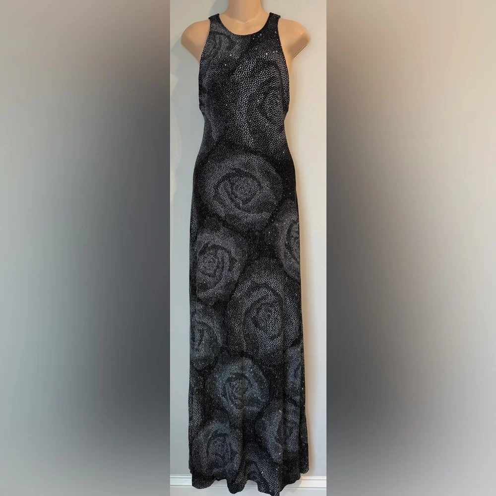 CACHE Vintage Black Floral Sparkle Acetate/Spandex Open Back Slinky Glitter M - Picture 1 of 9